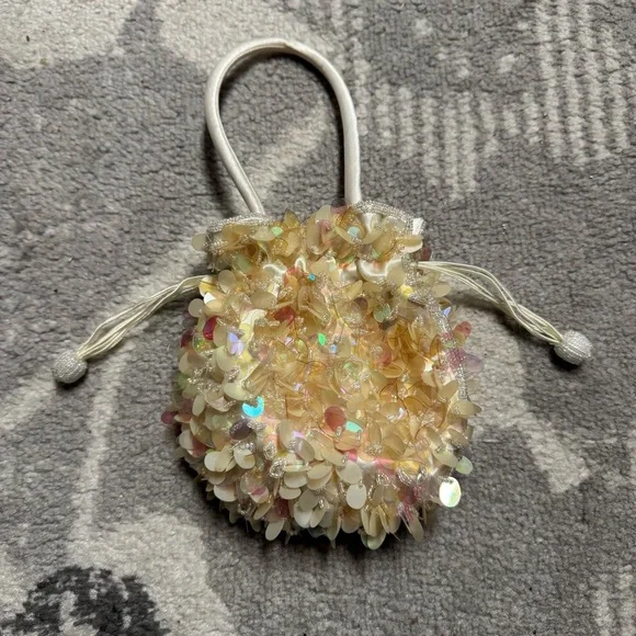 Jessica McClintock Satin Lined Beaded Sequin Yellow Ivory Drawstring Mini Bag - Picture 1 of 8